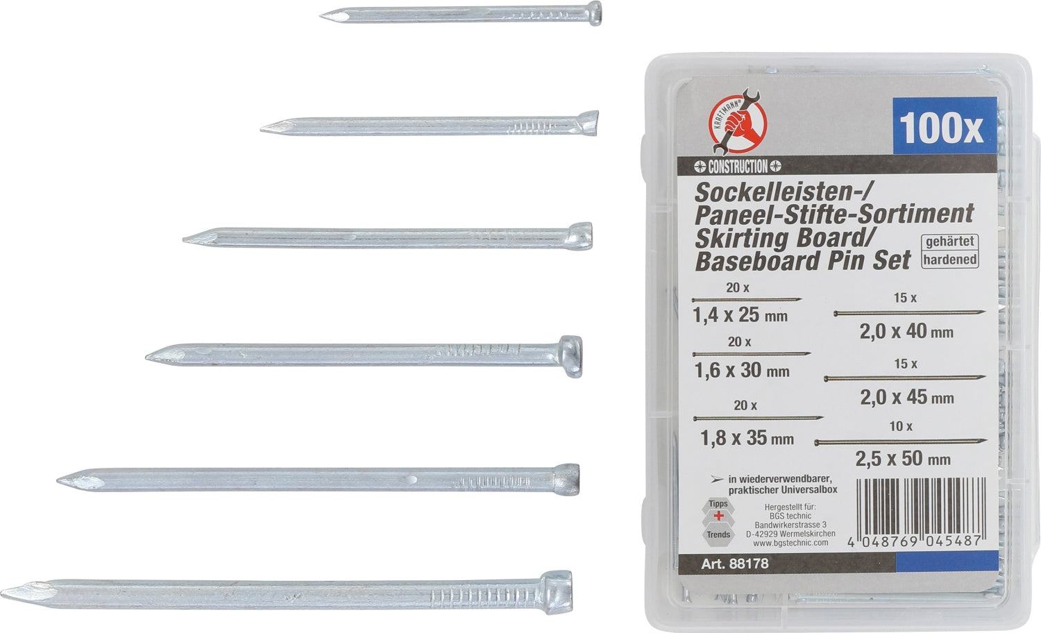 BGS DIY 88178 Sortiment Sockelleistenstifte Paneelstifte 100 teilig