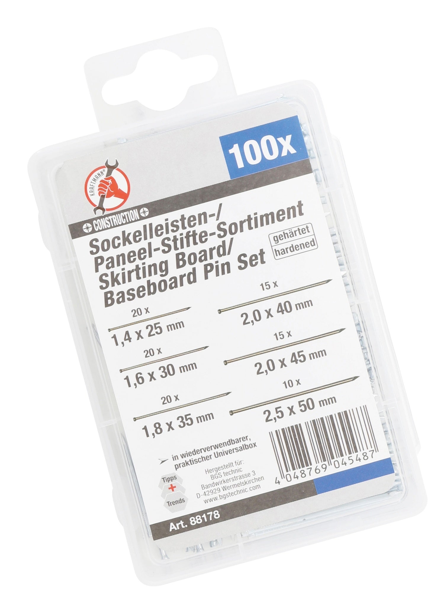 BGS DIY 88178 Sortiment Sockelleistenstifte Paneelstifte 100 teilig