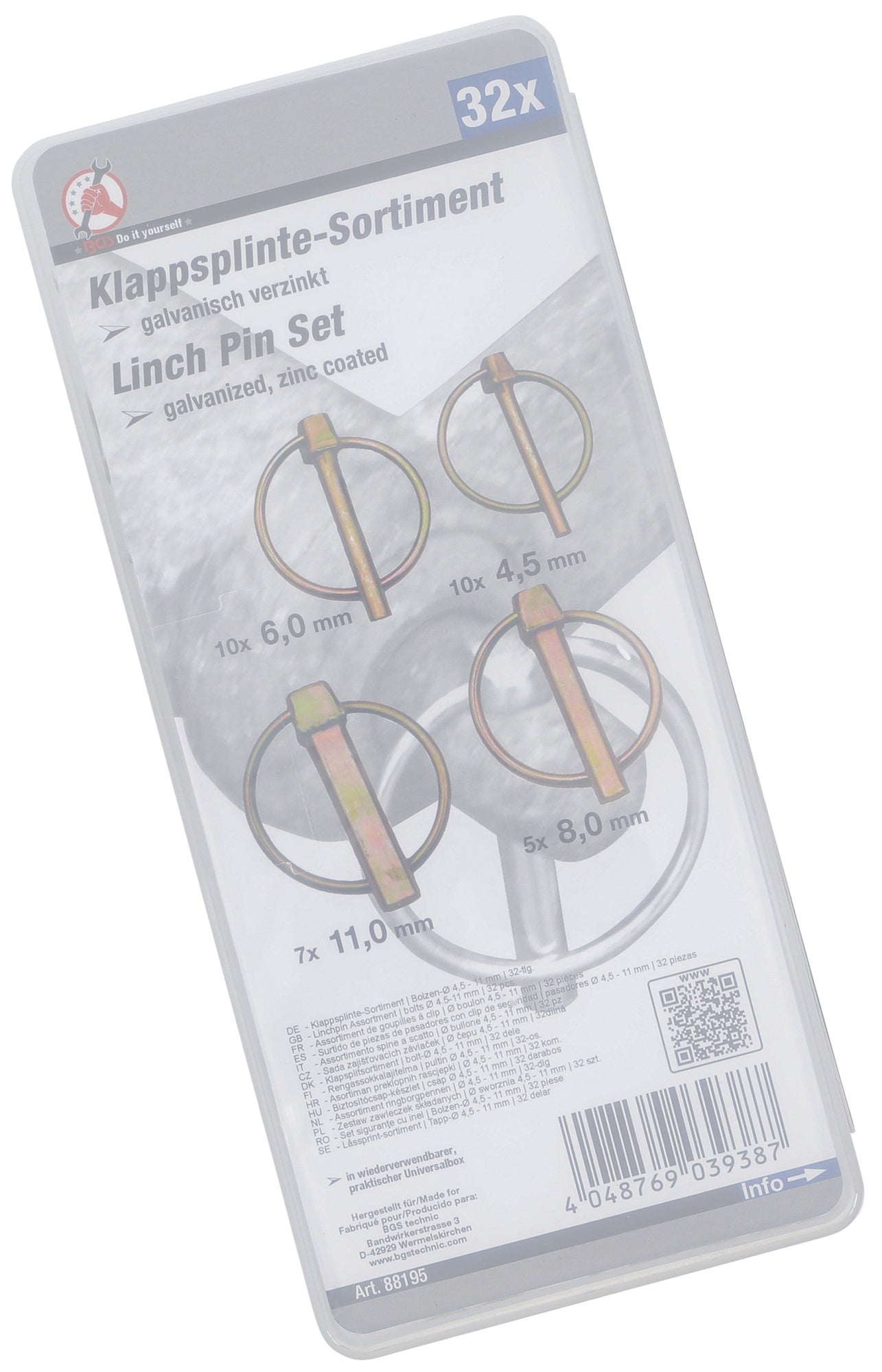 BGS DIY 88195 Sortiment Klappsplinte Bolzendurchmesser Ø 4,5 - 11mm 32 teilig