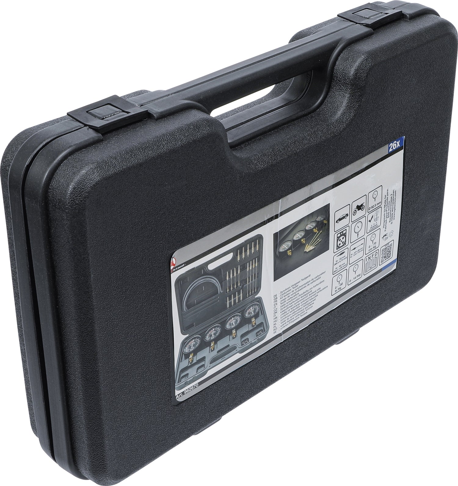 BGS DIY 962670 Testgerät für Synchron-Vergaser mit 4 Synchronuhren 26 teilig