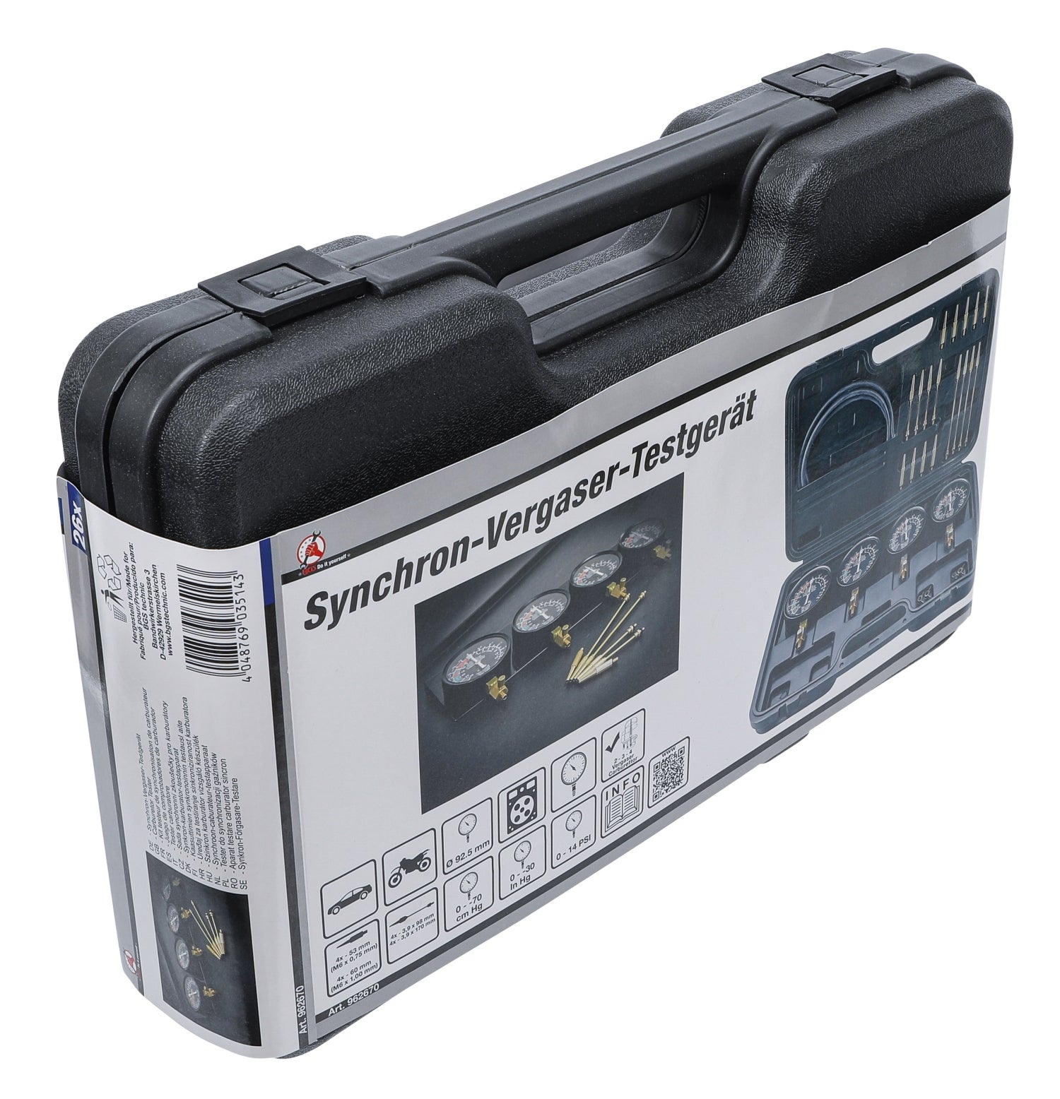 BGS DIY 962670 Testgerät für Synchron-Vergaser mit 4 Synchronuhren 26 teilig