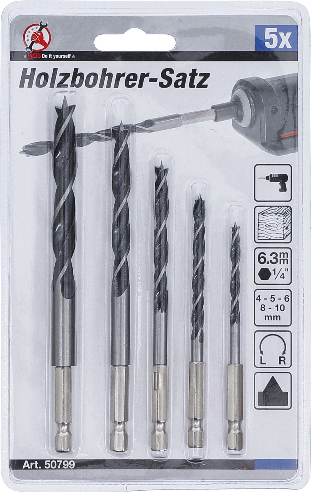 BGS DIY 50799 Satz Holzbohrer 4 - 10mm Sechskantantrieb 5 teilig