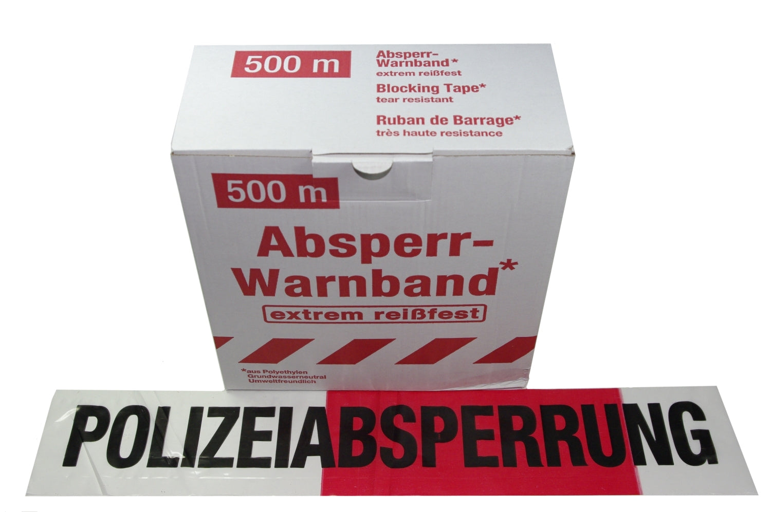FLUID 10030 Absperrband Warnband EXTREM REISSFEST Rot Weiß mit Aufdruck POLIZEIABSPERRUNG Länge 500m
