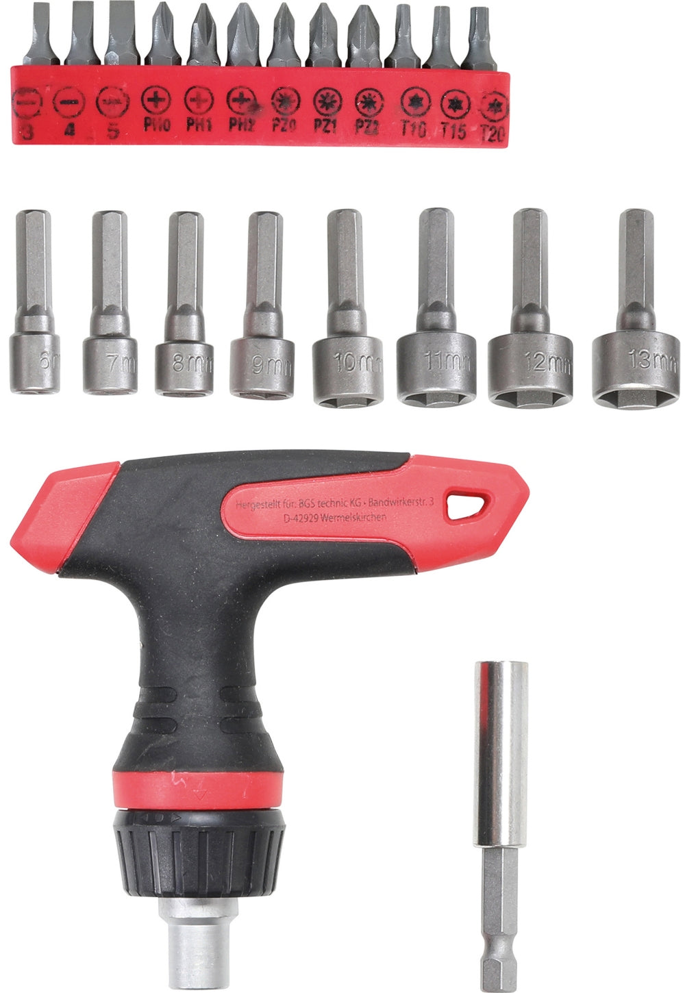 BGS DIY 20122 Satz Biteinsätze Bits Steckschlüsseleinsätze mit Ratschen-T-Griff für Bits umschaltbar 22 teilig