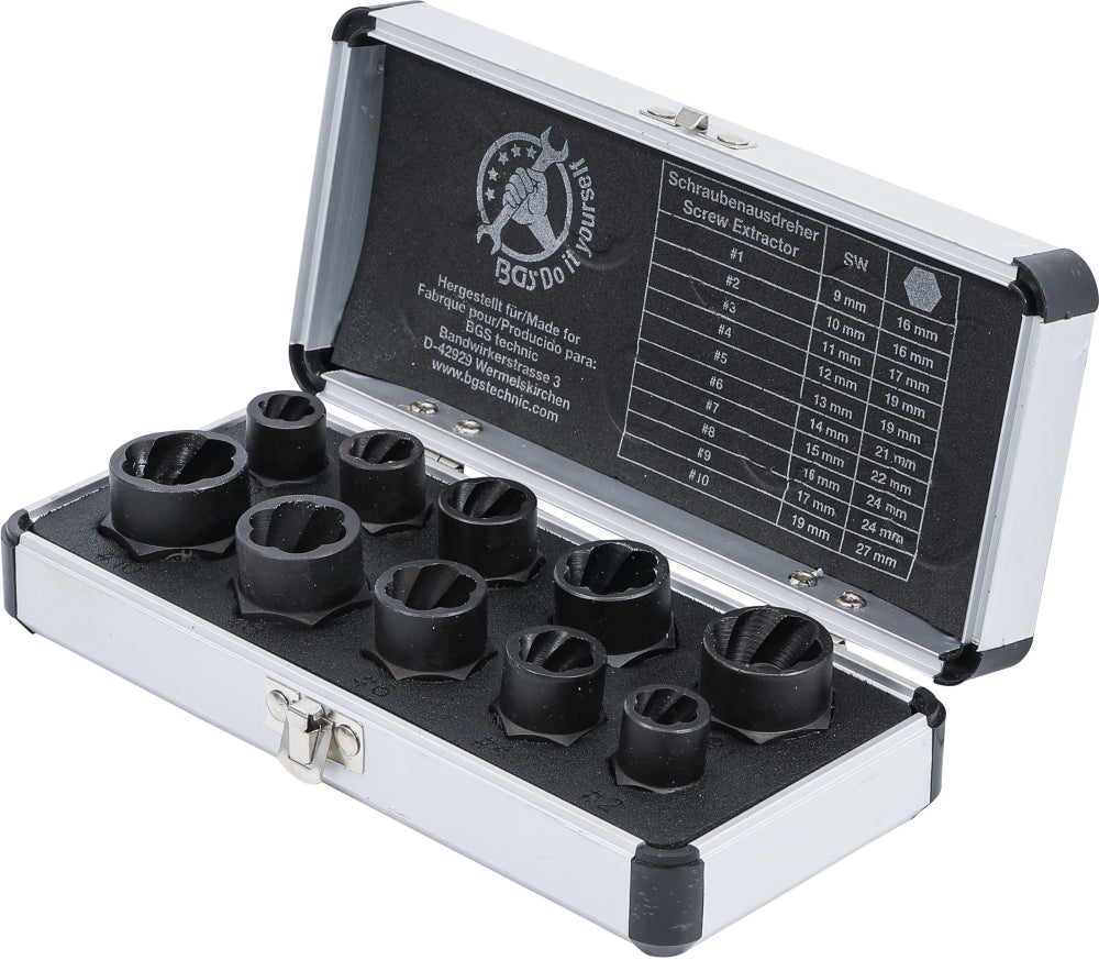 BGS DIY 20210 Satz Steckschlüssel Spiralprofil / Schraubenausdreher Antrieb Innensechskant 10mm (3/8") Außensechskant SW 9 - 19mm 10 teilig