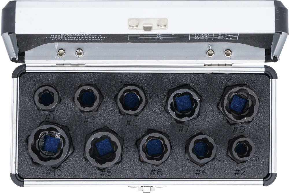 BGS DIY 20210 Satz Steckschlüssel Spiralprofil / Schraubenausdreher Antrieb Innensechskant 10mm (3/8") Außensechskant SW 9 - 19mm 10 teilig