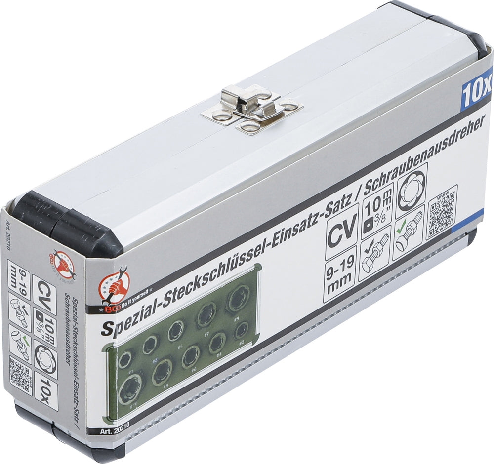 BGS DIY 20210 Satz Steckschlüssel Spiralprofil / Schraubenausdreher Antrieb Innensechskant 10mm (3/8") Außensechskant SW 9 - 19mm 10 teilig