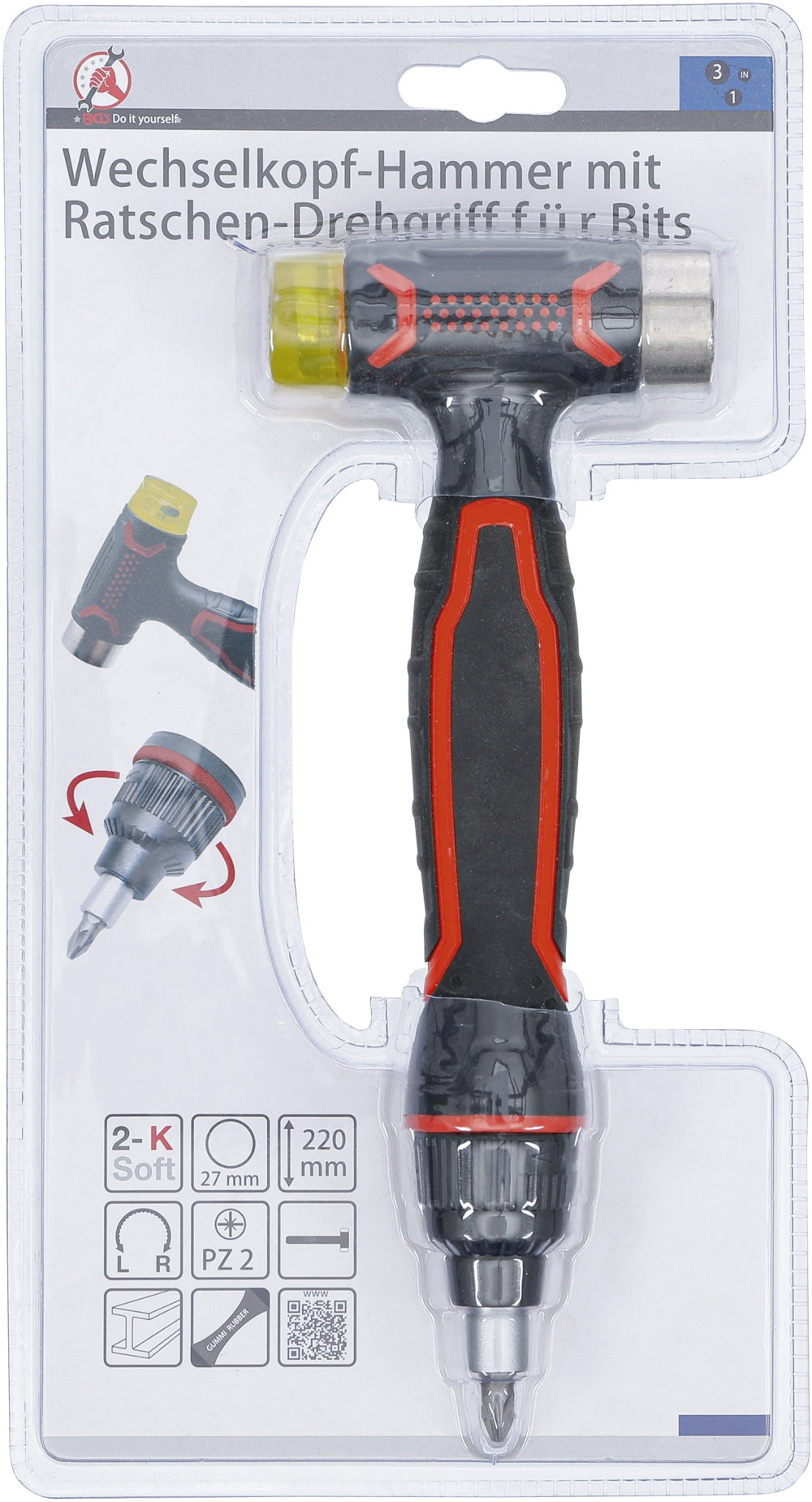 BGS DIY 20800 Wechselkopfhammer mit Ratschendrehgriff für Bits umschaltbar 3 in 1