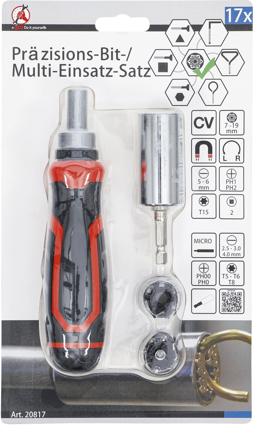 BGS DIY 20817 Satz Präzisions Bits Multieinsatz Ratschendrehgriff umschaltbar