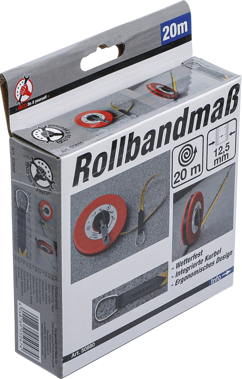 BGS DIY 50880 Rollbandmaß 20 Meter gekapselt mit Handkurbel