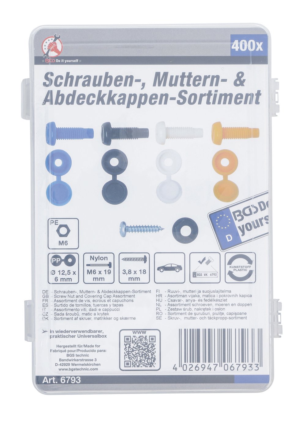 BGS DIY 6793 Sortiment Schrauben, Muttern und Abdeckkappen 400-teilig