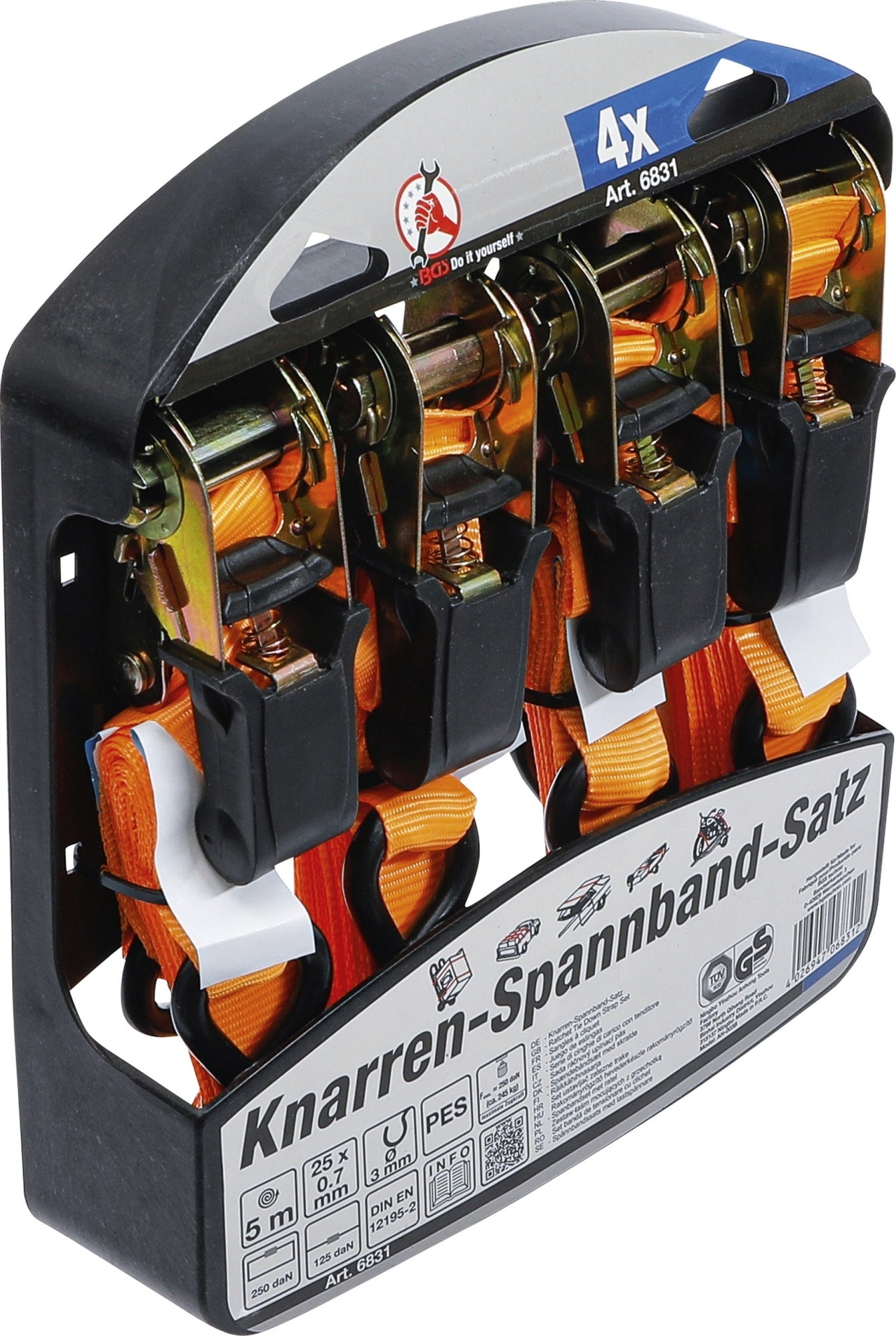 BGS DIY 6831 Satz Knarren Spannband mit schweren Haken 5m x 25mm 4 teilig