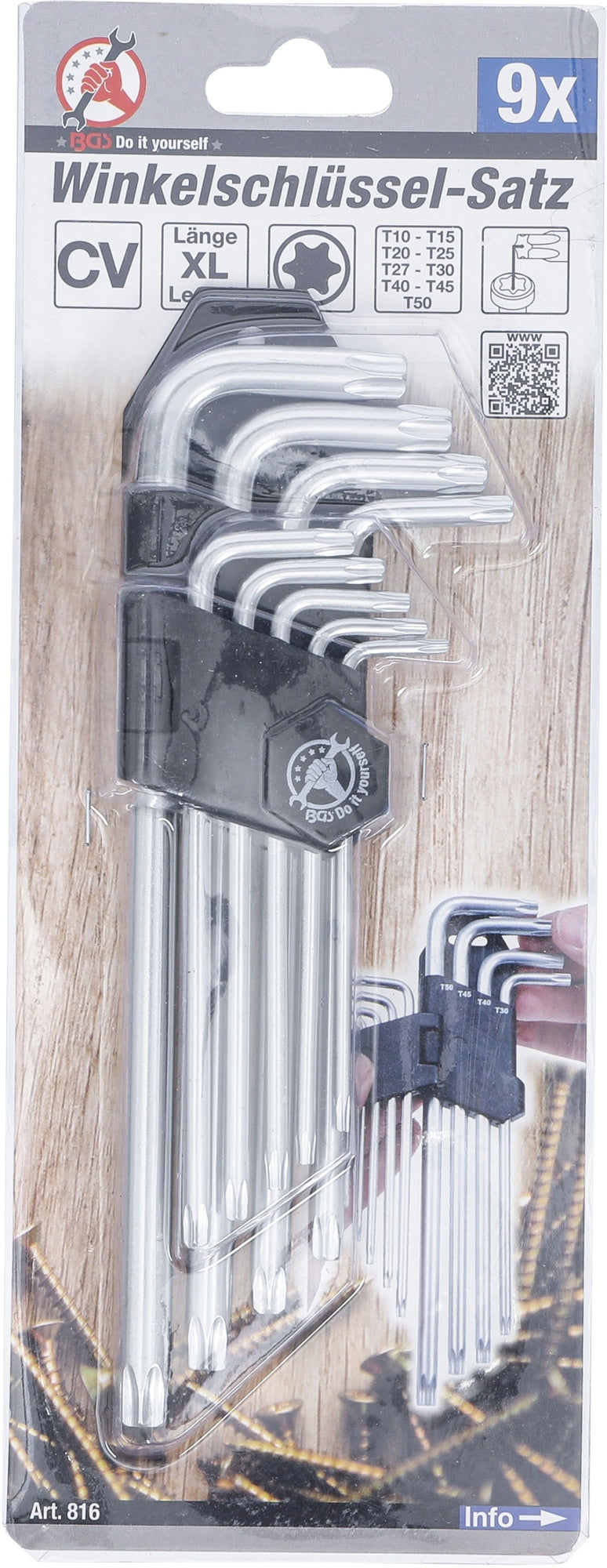 BGS DIY 816 Satz Winkelschlüssel lang T-Profil (für Torx ) metrisch T10 - T50 9 teilig