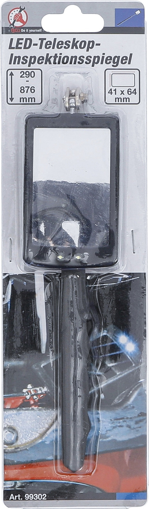 BGS DIY 99302 LED Inspektionsspiegel mit Teleskopfunktion 290 - 876mm inkl. Batterien