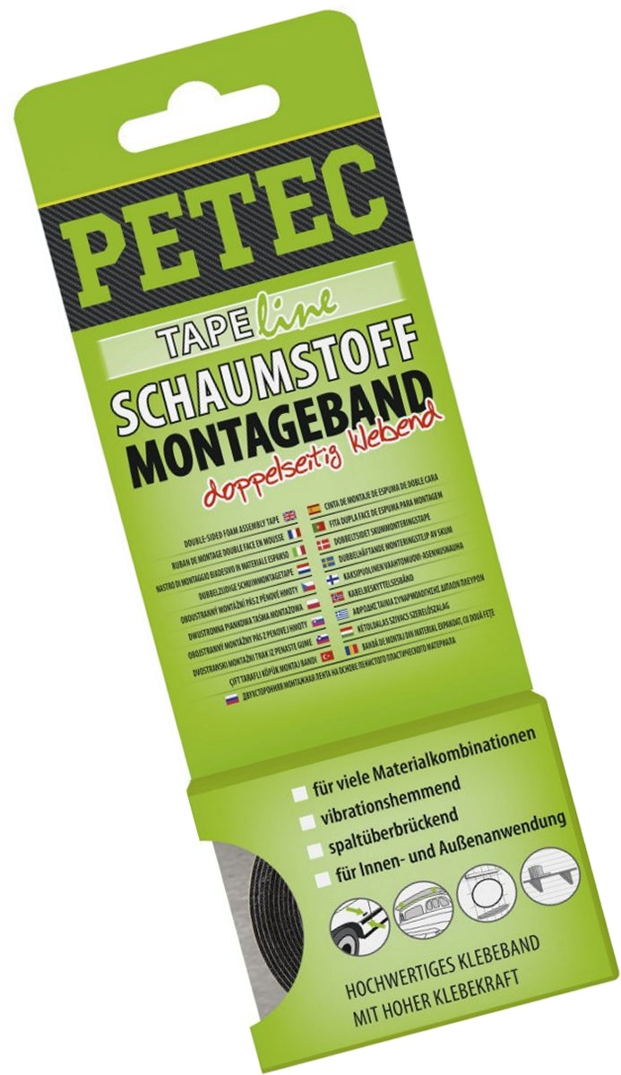 PETEC 87122 Schaumstoff Montageband Schwarz SB-Karte Rolle 2m x 12mm x 1mm doppelseitig klebend