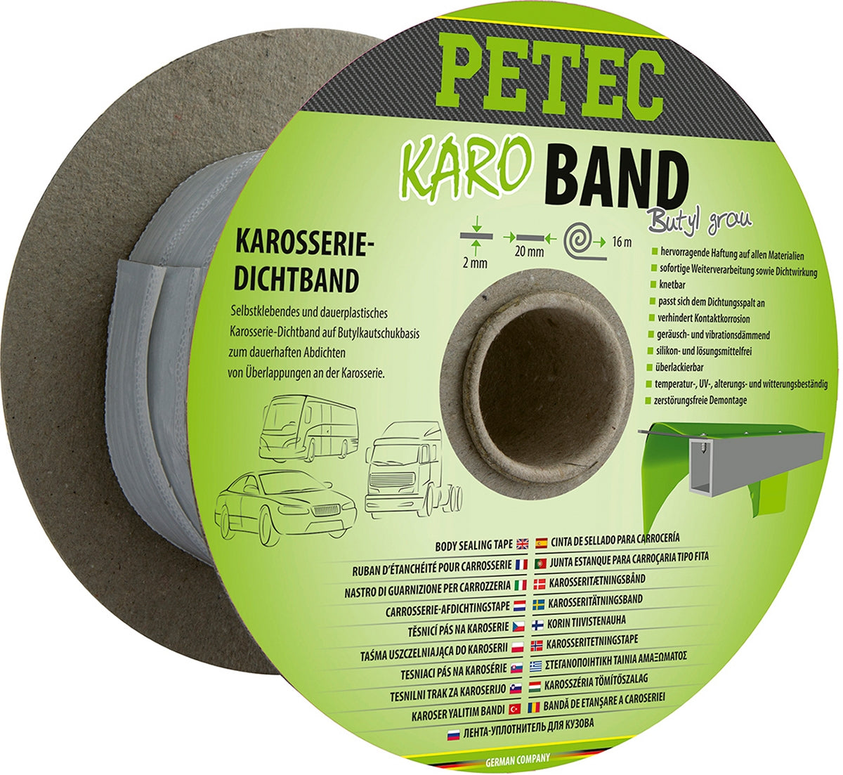 PETEC 87520 Karo Band Karosseriedichtband Butyl Flach Grau 16m Selbstklebend