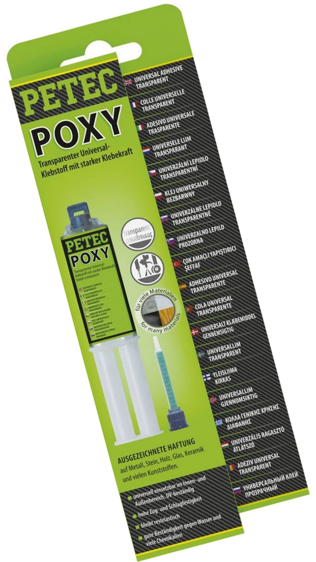 PETEC 98425 POXY 2K Universal Klebstoff Transparent Doppelspritze 24ml SB Karte