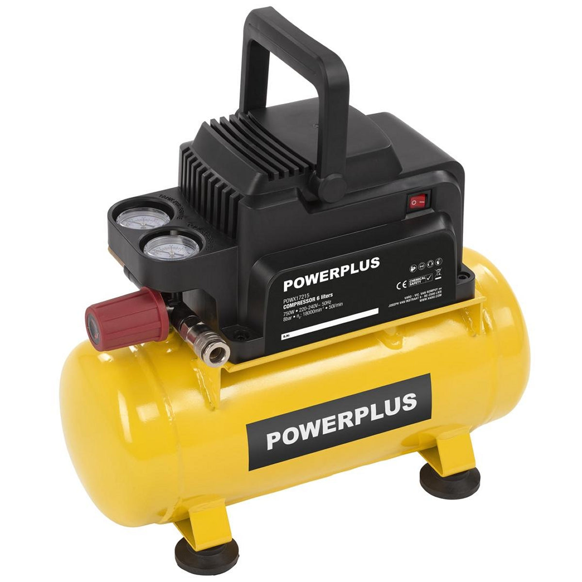 VARO POWX17215 Powerplus Kompressor Ölfrei 750 Watt 6 Liter Tragbar Druckluft