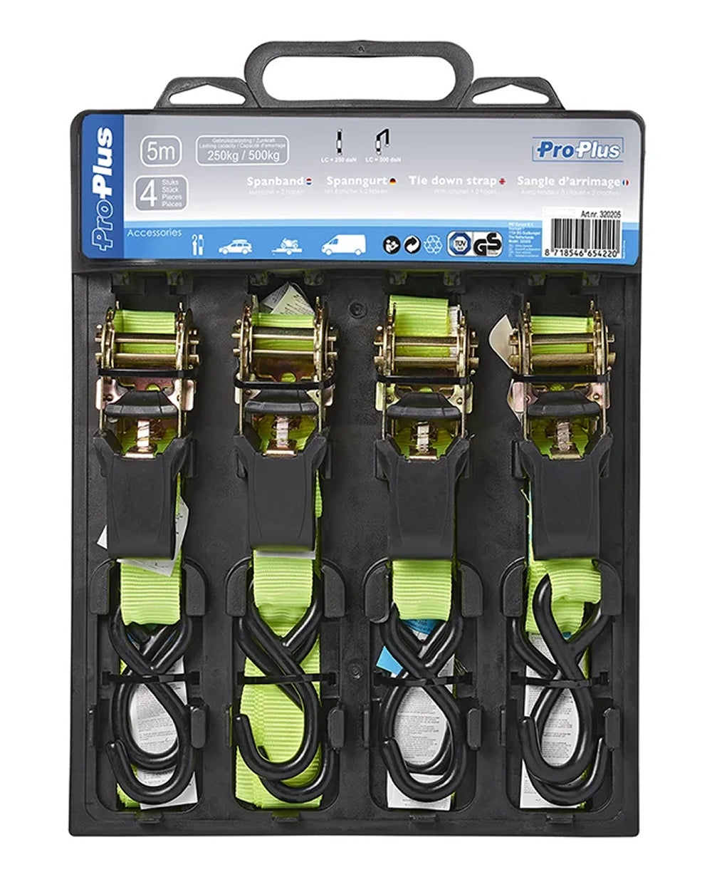 ProPlus 320205 Set 4 Stück Spanngurt mit Ratsche + 2 Haken 5 Meter