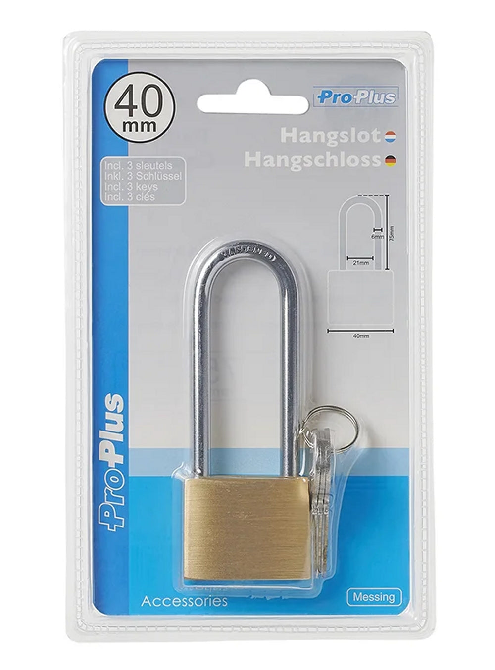 ProPlus 341316 Vorhängeschloss 3 Schlüssel 40mm Messing mit langem Bügel 75mm