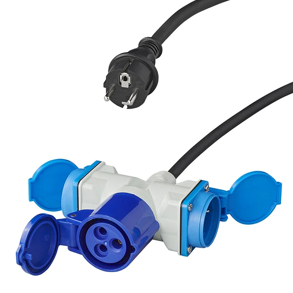 ProPlus 373515DE Adapterkabel 150cm 16A von Schuko Stecker nach 1xCEE + 2xSchuko Stromverteiler Splitter