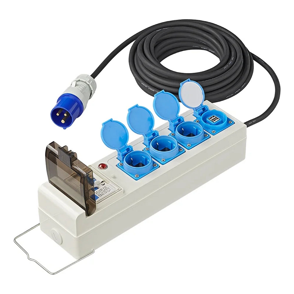 ProPlus 373585DE Zelt Faltwagen Steckdose 20 Meter 3x2,5mm² mit MCCB und FI-Schalter + 2 x USB