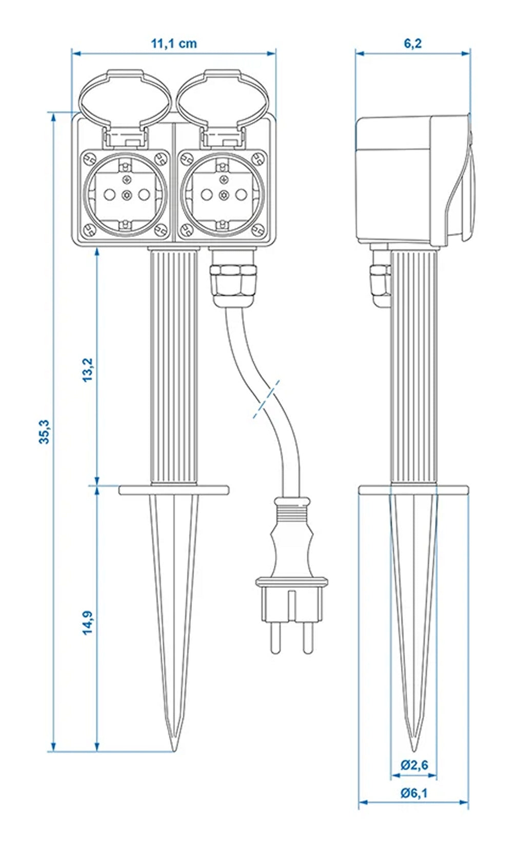ProPlus 373620DE Gartensteckdose Schuko 2 fach mit Erdspieß Garten Doppelsteckdose