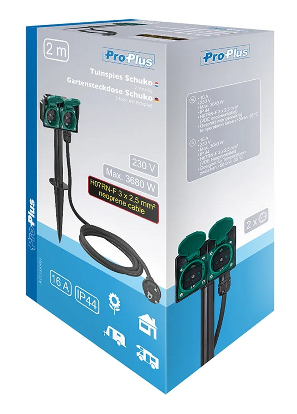 ProPlus 373620DE Gartensteckdose Schuko 2 fach mit Erdspieß Garten Doppelsteckdose