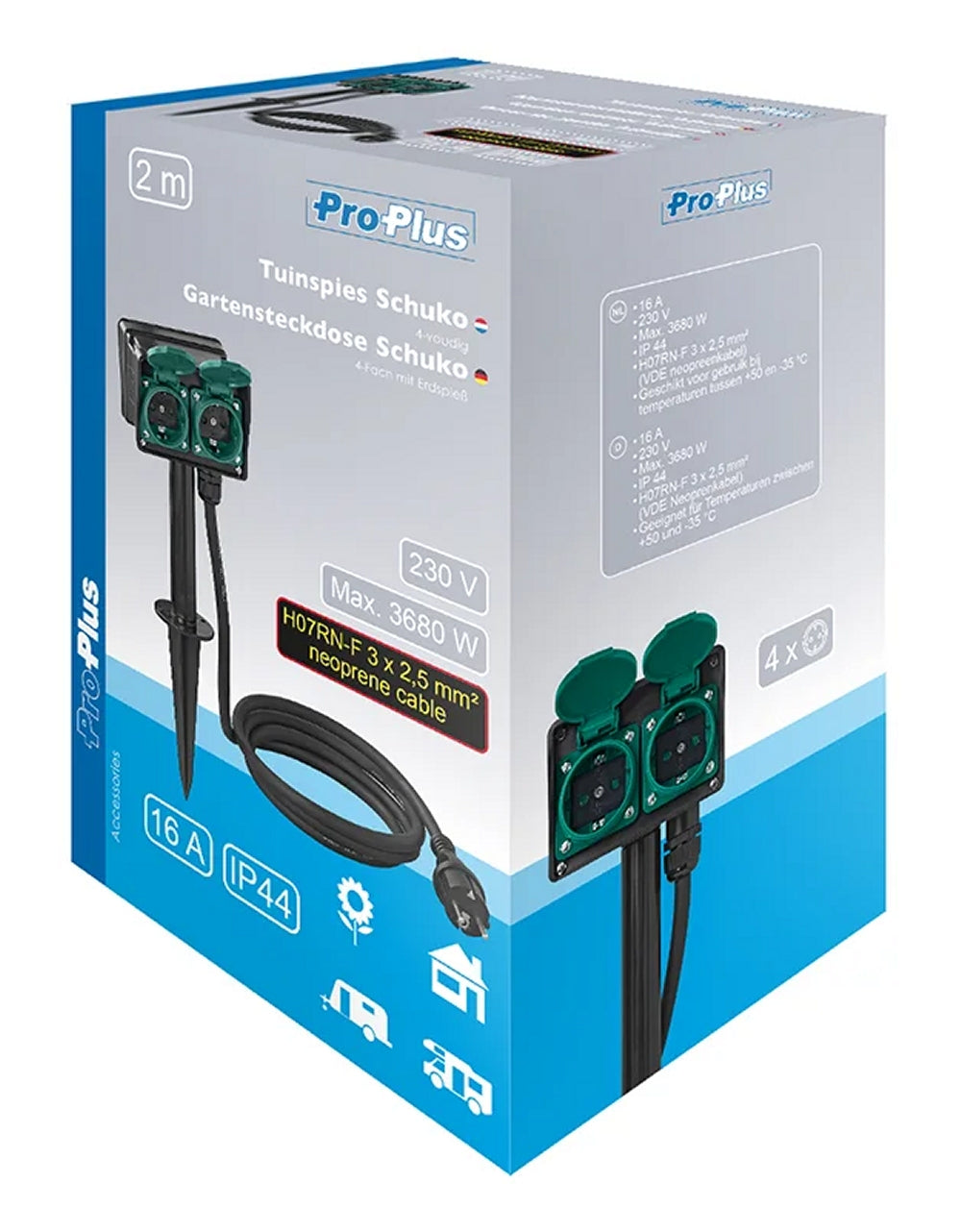 ProPlus 373622DE Gartensteckdose Schuko 4 fach mit Erdspieß Garten Vierersteckdose