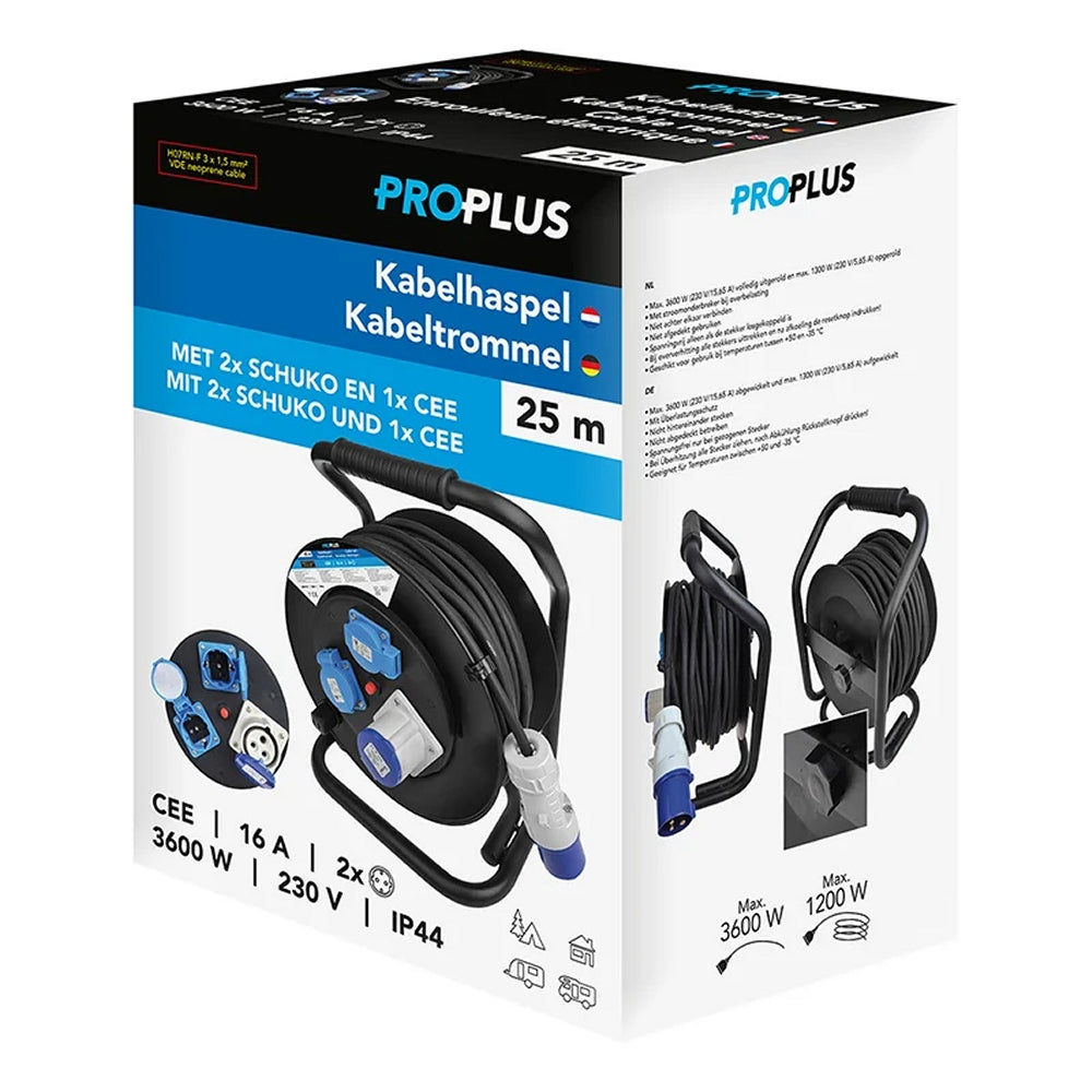 ProPlus 373846DE Kabeltrommel CEE 25 Meter Kabel 2x Schuko + 1xCEE