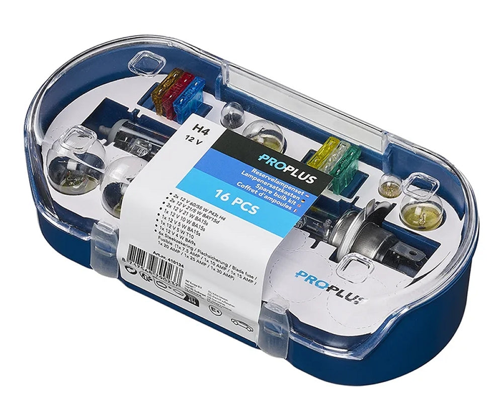ProPlus 410134 Satz Lampen und Sicherungen 12 Volt für PKW Wohnwagen Wohnmobil mit H4 Birnen 16 teilig
