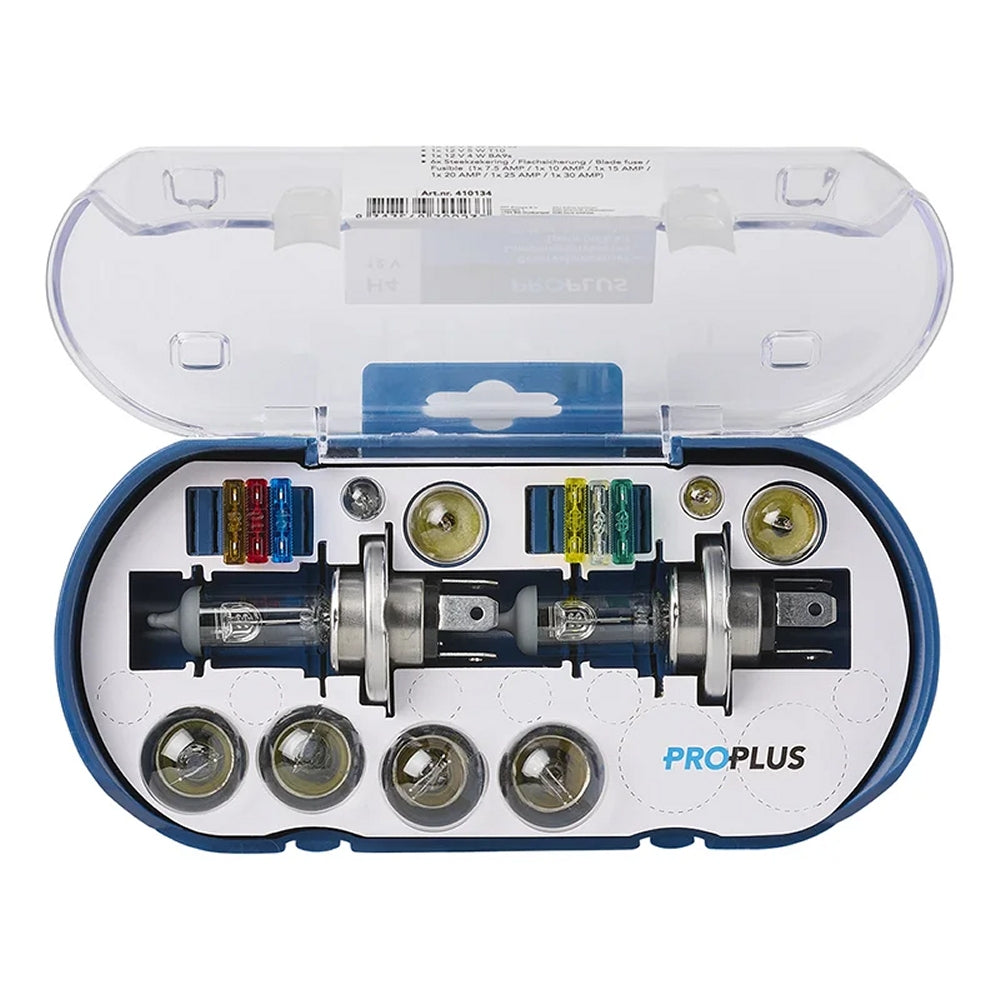 ProPlus 410134 Satz Lampen und Sicherungen 12 Volt für PKW Wohnwagen Wohnmobil mit H4 Birnen 16 teilig