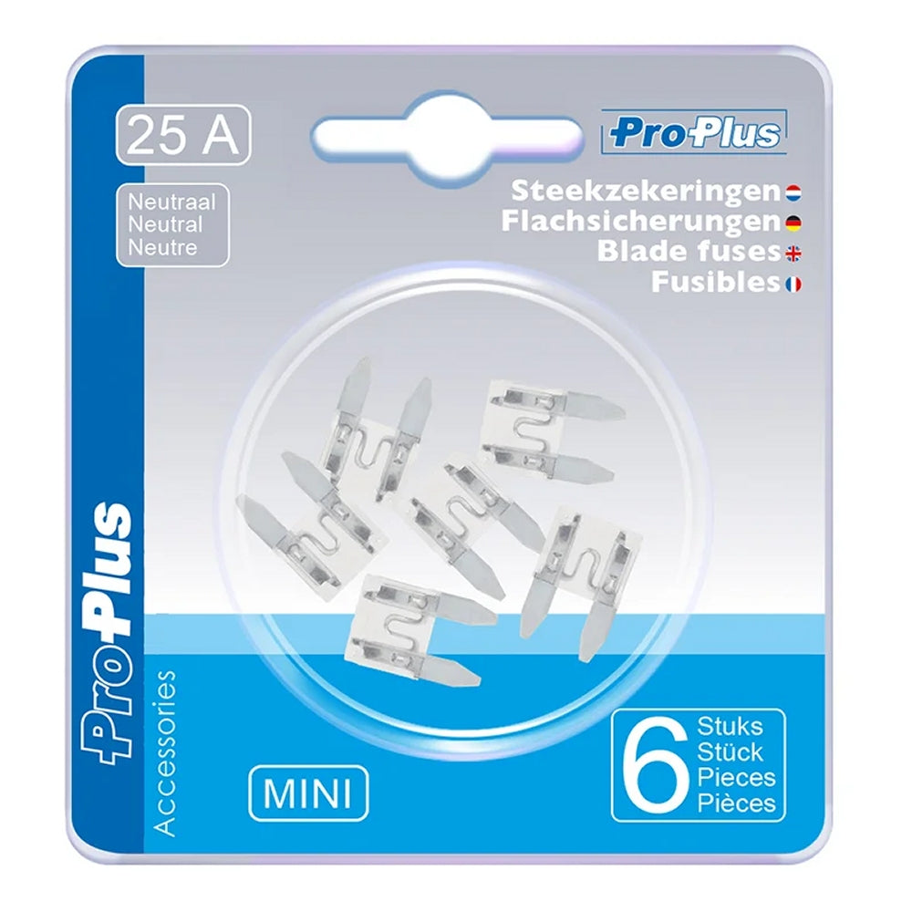 ProPlus 490368 Satz Flachsicherungen Mini 25A neutral 6 Stück im Blister KFZ-Sicherungen