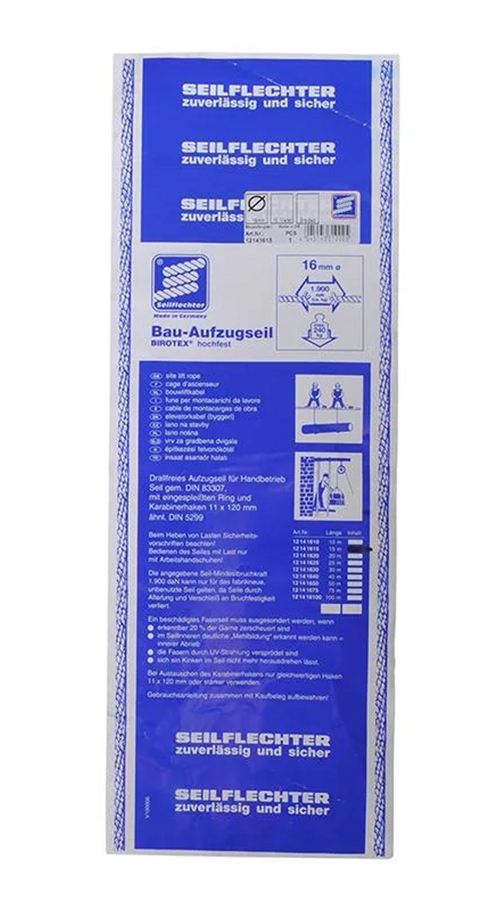 ProPlus SF_12141610 Bauaufzugseil Ø16mm Länge 10m mit Ring und Karabiner 1.900 daN