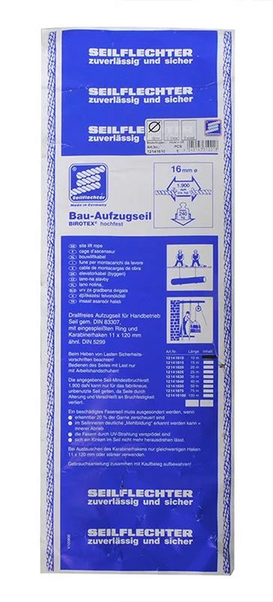 ProPlus SF_12141615 Bauaufzugseil Ø16mm Länge 15m mit Ring und Karabiner 1.900 daN