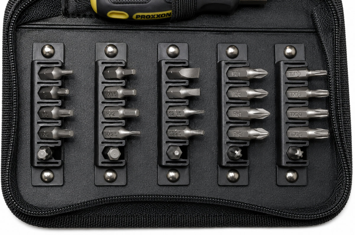 PROXXON 22730 Kompakt Bitsatz mit Mini FLEX DOT Griff Textiltasche mit Reißverschluss 26 teilig