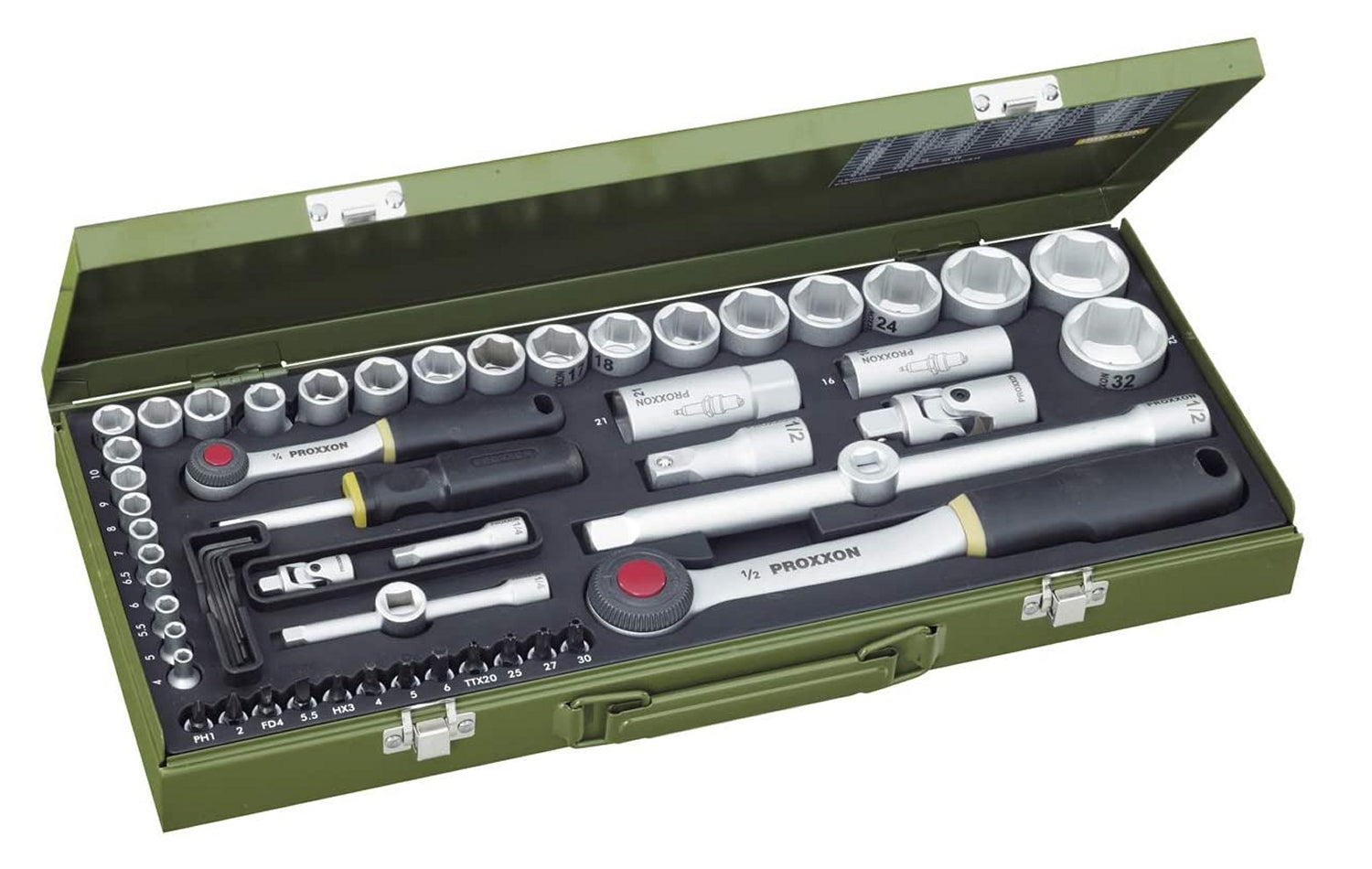 PROXXON 23040 Steckschlüssel Satz 56teilig mit 6,3mm (1/4') und 12,5mm (1/2') Ratsche
