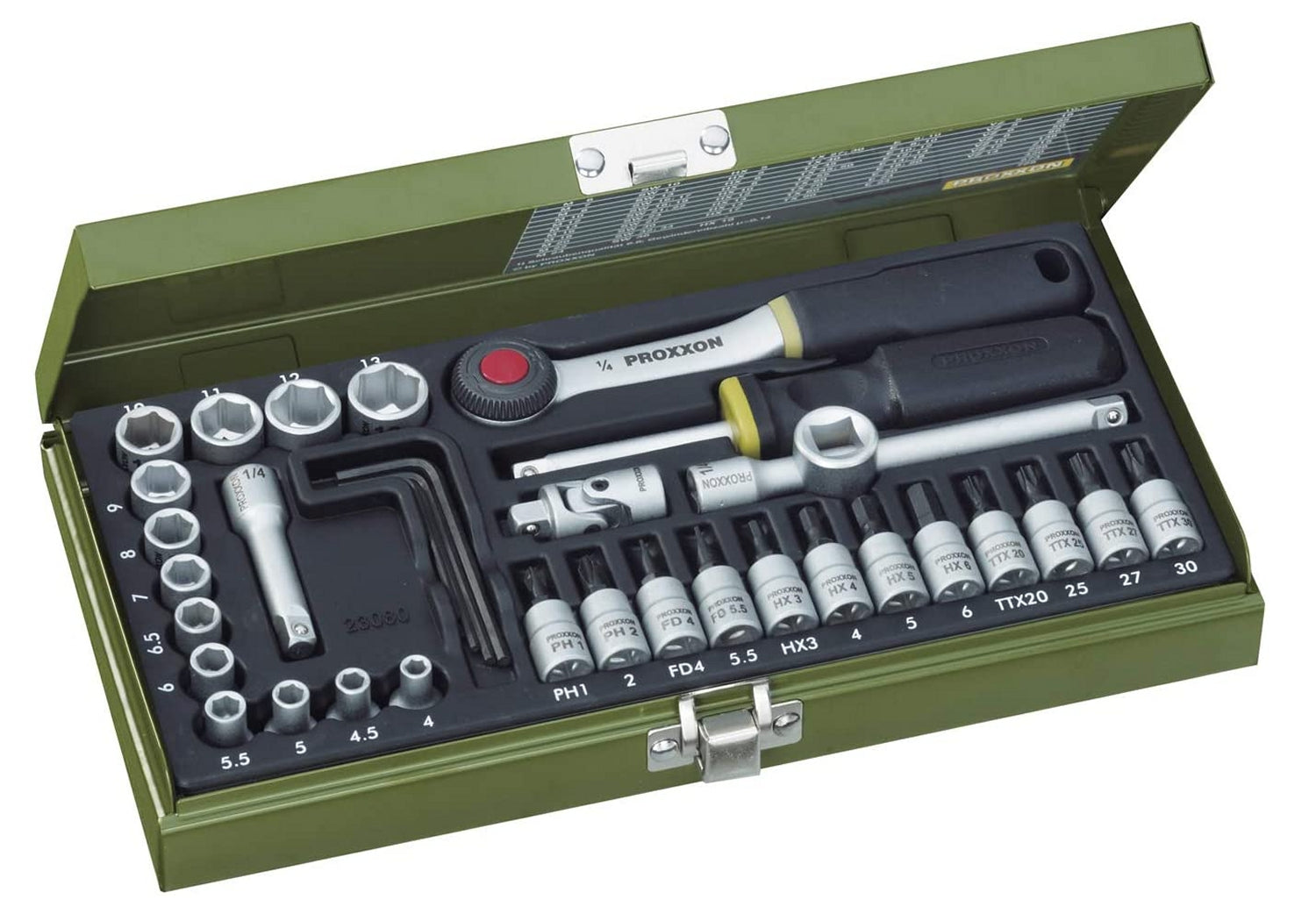 PROXXON 23080 Feinmechaniker Steckschlüsselsatz / Knarrenkasten 6,3mm (1/4")