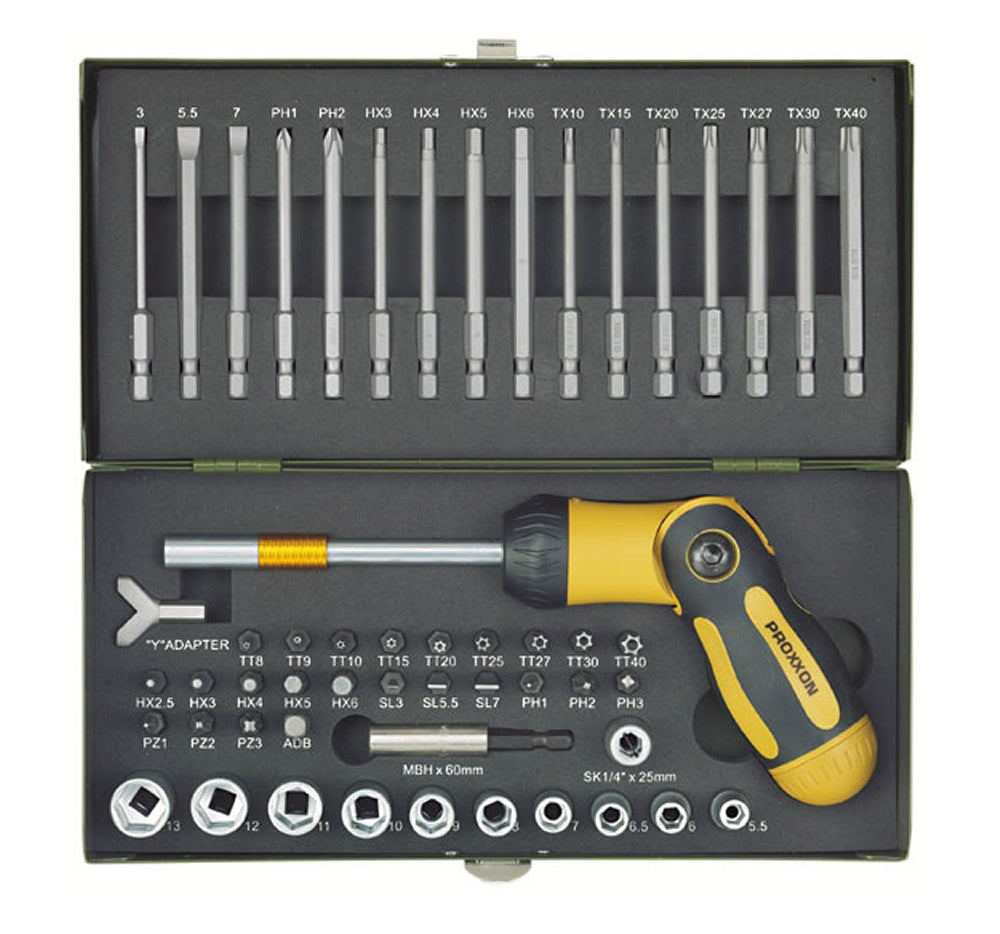 PROXXON 23104 Schraubersatz mit knickbarem Ratschen Schraubendreher 54 teilig