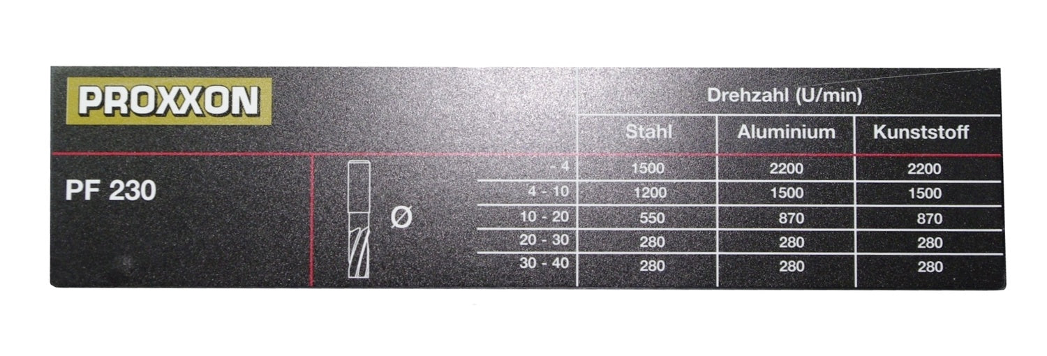 PROXXON 24104-24 Tabelle für Schnittgeschwindigkeiten für Feinfräse FF230 & Bohr- und Fräseinrichtung PF230