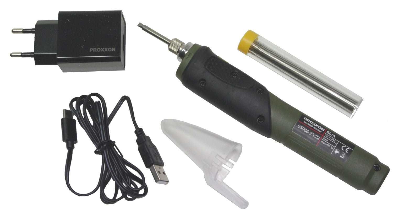 PROXXON 28142 Akku Elektronik Lötgerät EL/A mit Schutzhaube Lötzinn Schnellladegerät