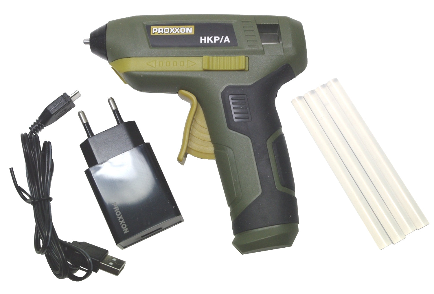 PROXXON 28190 Heißklebepistole HKP/A Akku inkl. USB-Ladegerät 2,1A & 4 Sticks
