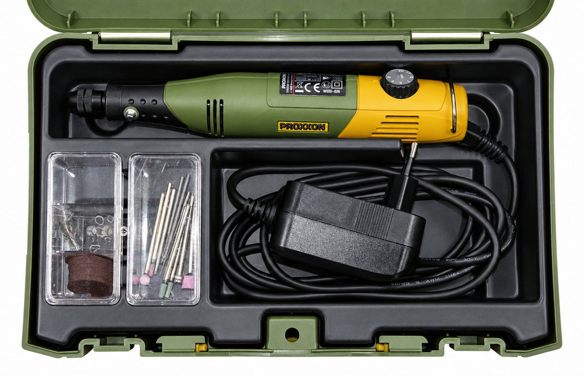 PROXXON 28505 MICROMOT 80/E Präzisionsset mit Netzteil Spannzangen und Zubehör