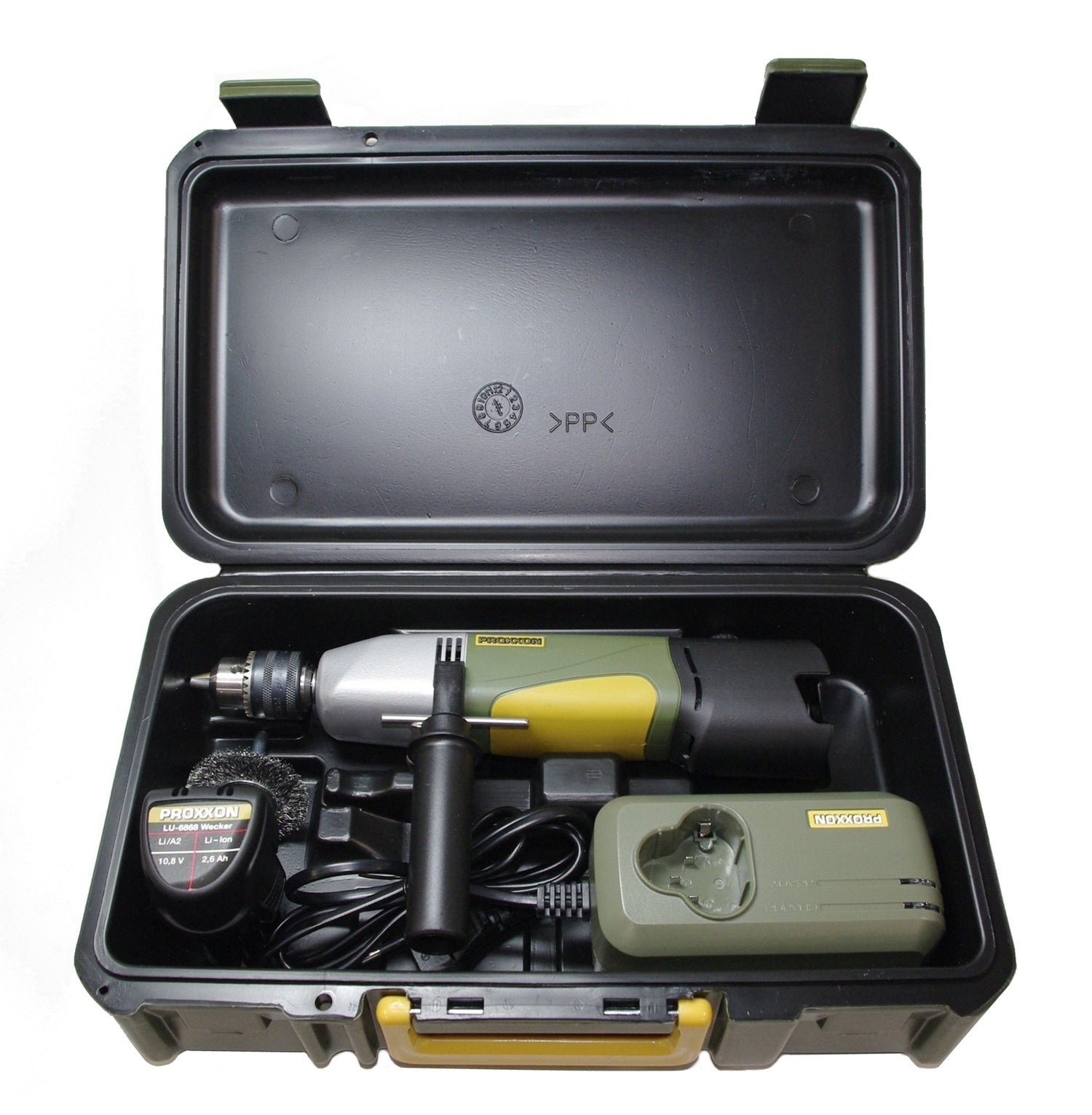 PROXXON 29850 Akku Industrie Geradschleifer IGS/A mit Stahldraht-Rundbürste Akku Ladegerät