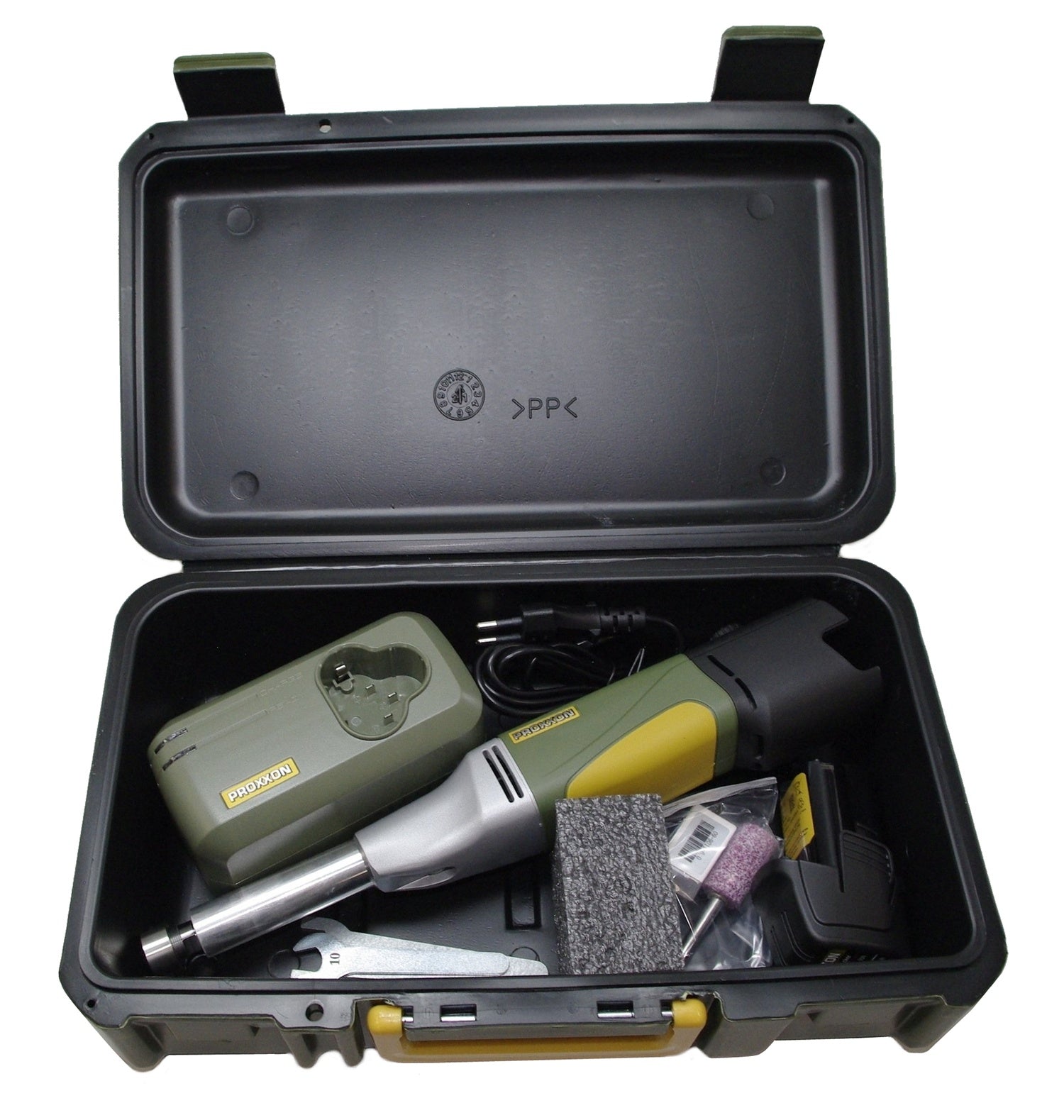 PROXXON 29860 Akku Langhals Geradschleifer LGS/A mit Edelkorund-Schleifstift Akku Ladegerät