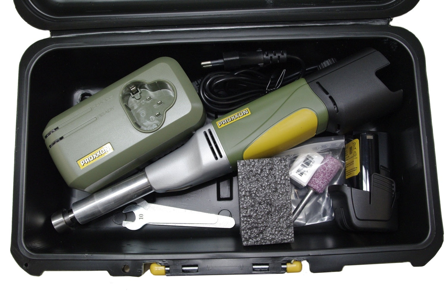 PROXXON 29860 Akku Langhals Geradschleifer LGS/A mit Edelkorund-Schleifstift Akku Ladegerät