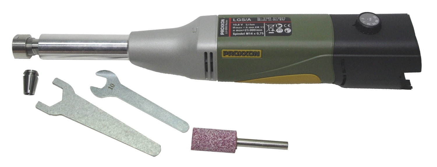 PROXXON 29862 Akku Langhals Geradschleifer LGS/A mit Edelkorund-Schleifstift OHNE Akku und Ladegerät
