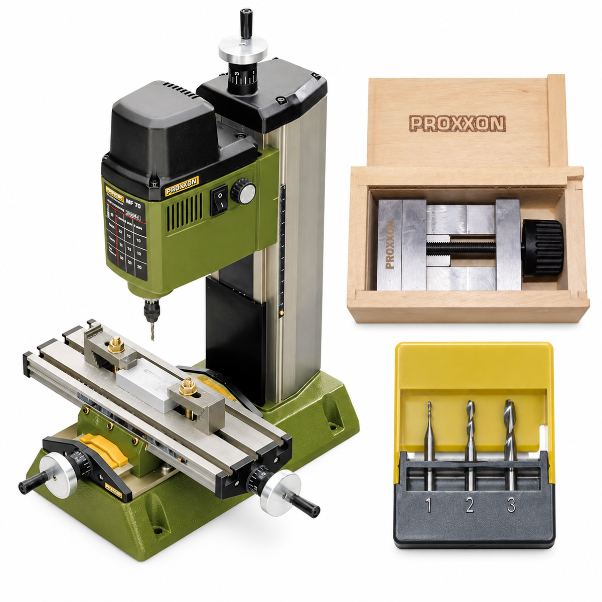 PROXXON MF 70 Fräsmaschine Bundle mit PM 40 Maschinenschraubstock und Schaftfräsern