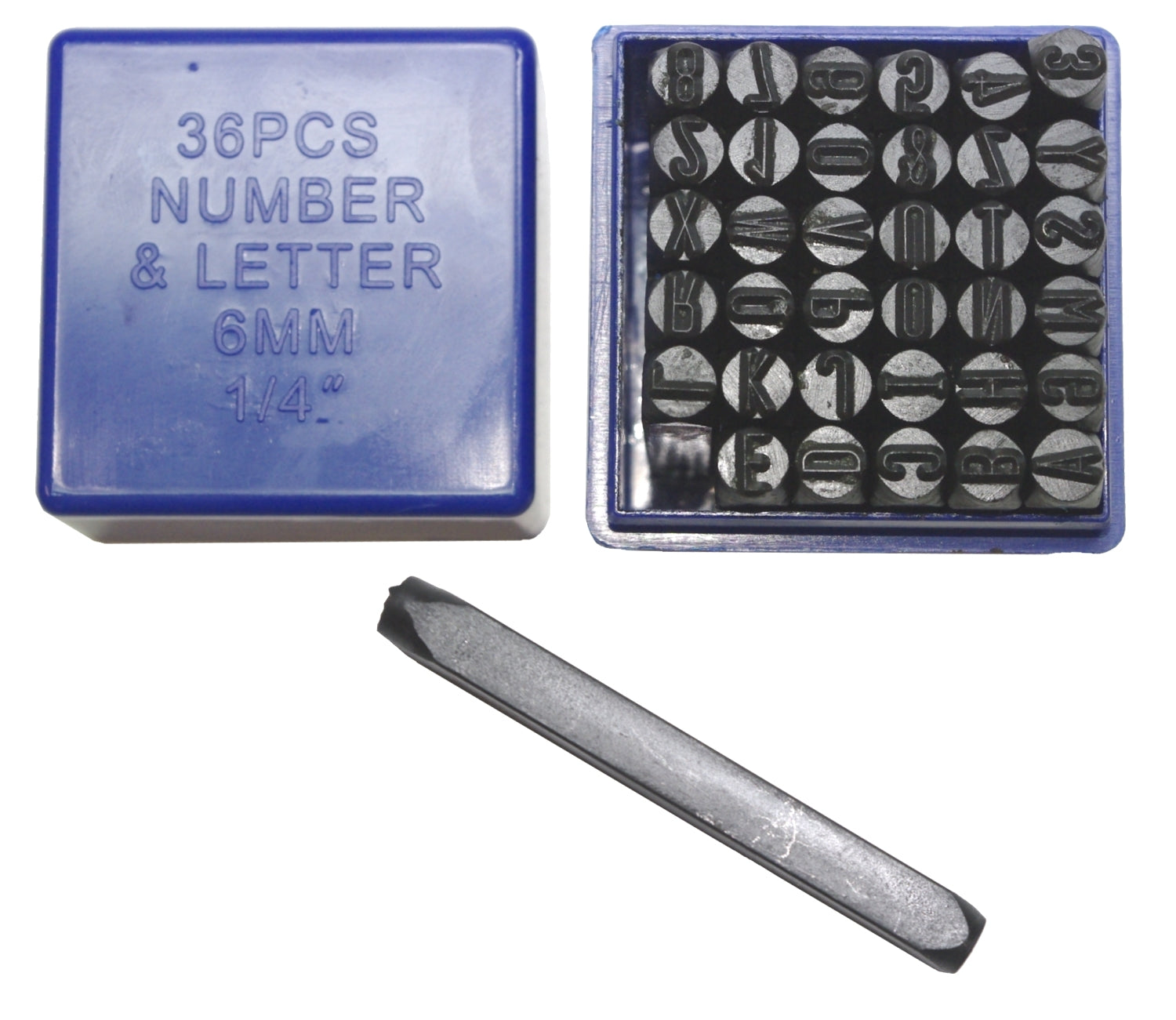 SATRA S-6NA36 Satz mit Einschlagzahlen & Einschlagbuchstaben Höhe 6mm Kästchen aus Kunststoff