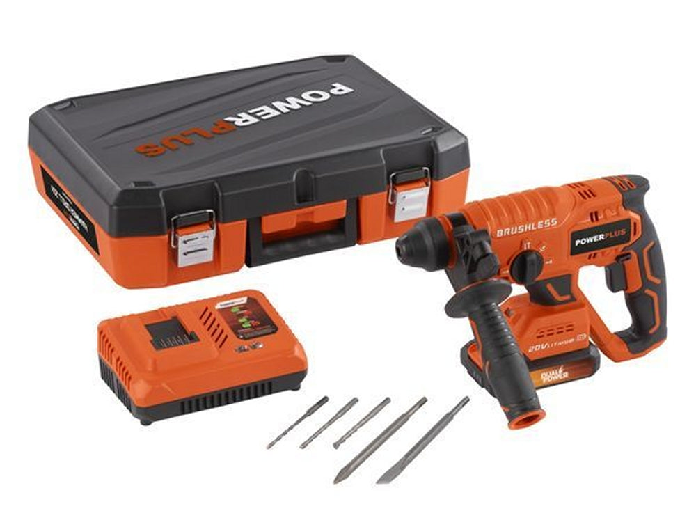 VARO POWDP15640 Powerplus Set Bohrhammer 20V mit Akku und Ladegerät Meißel Bohrspitzen